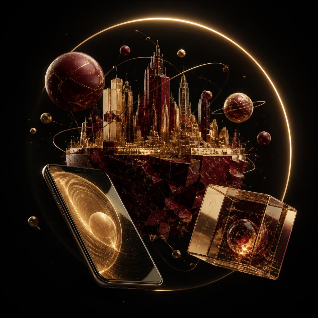 Gold and burgundy floating crystalline world with a glowing phone and glass cube