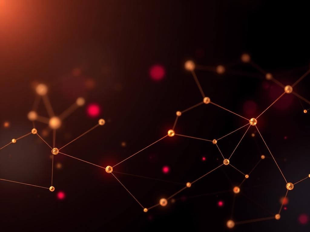 Gold network nodes glowing over deep burgundy glass
